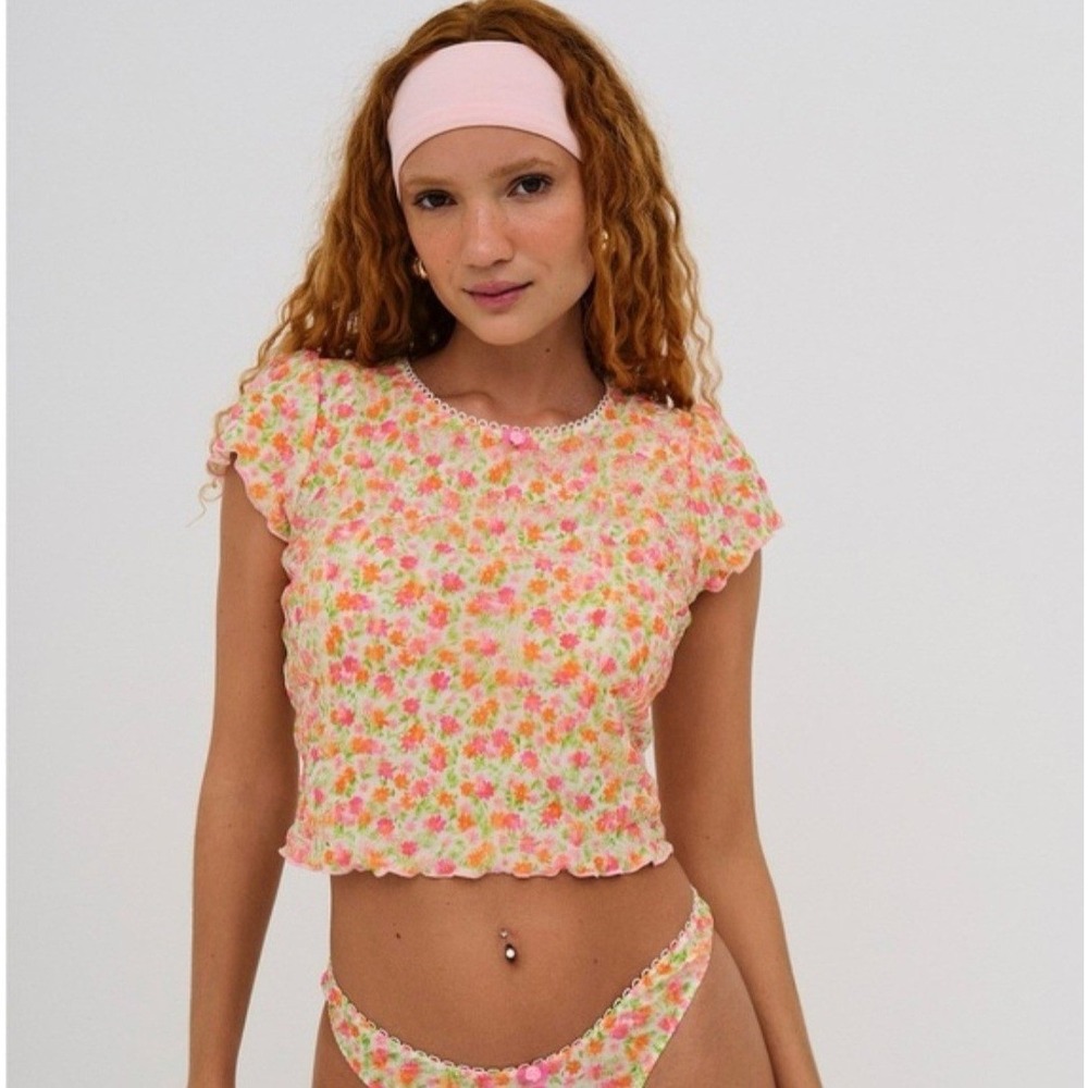 For Love & Lemons Floral Pointelle Baby‎ Tee and Bikini Bottom Set Orange Pink